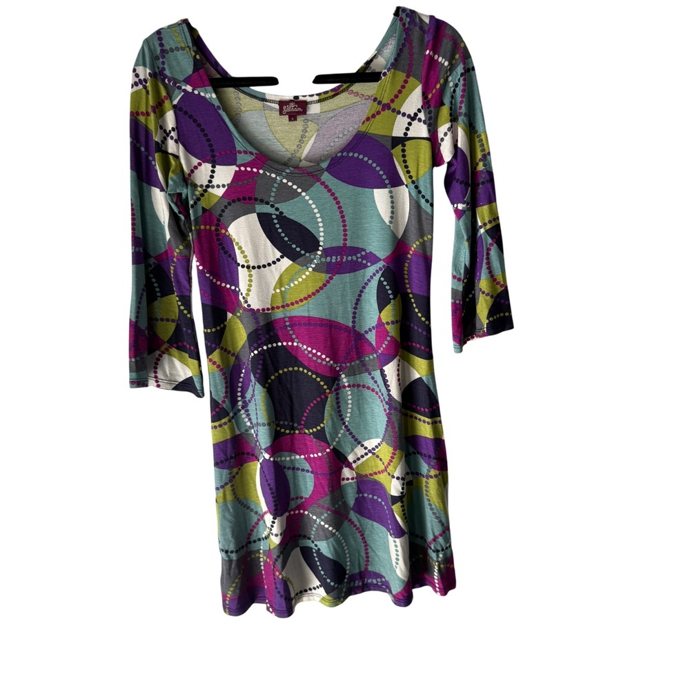 Salaam Dress Small Teal Purple Green Abstract Print 3/4 Sleeve Casual Boho Artsy
